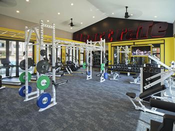 a gym with weights and cardio machines and a neon sign